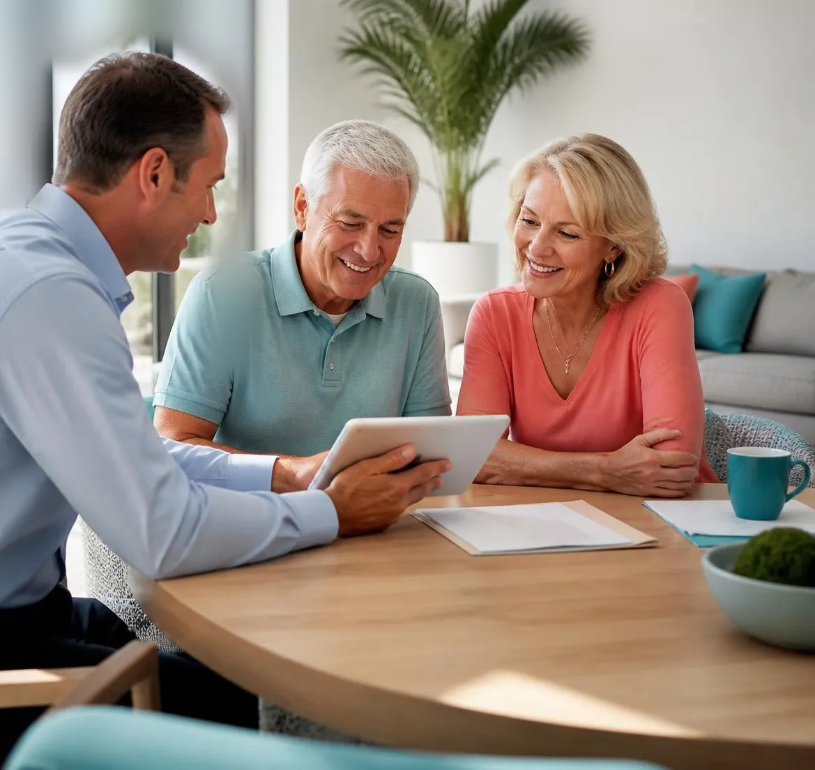 An insurance agent at a table talking through options with a smiling older couple