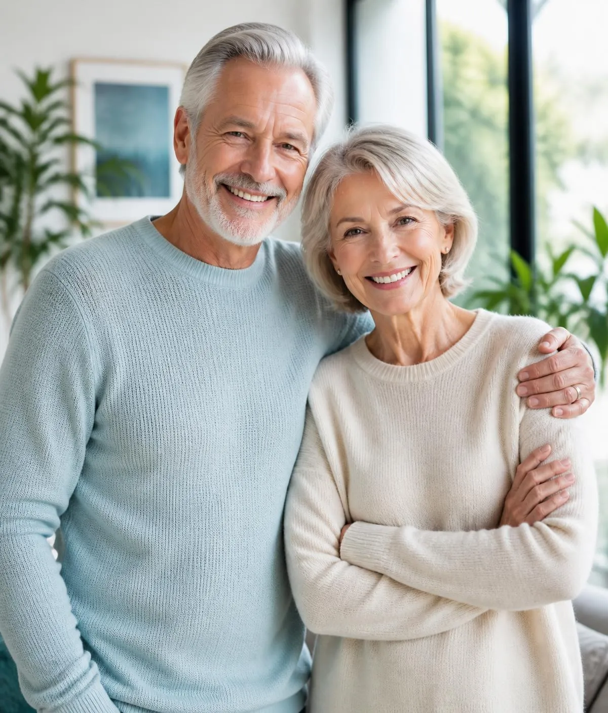 A smiling older couple in sweaters standing together at home